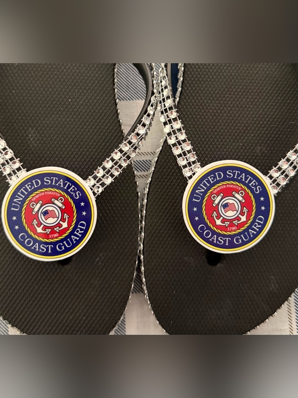 United States Coast Guard Black Flip Flops with Rhinestone Straps